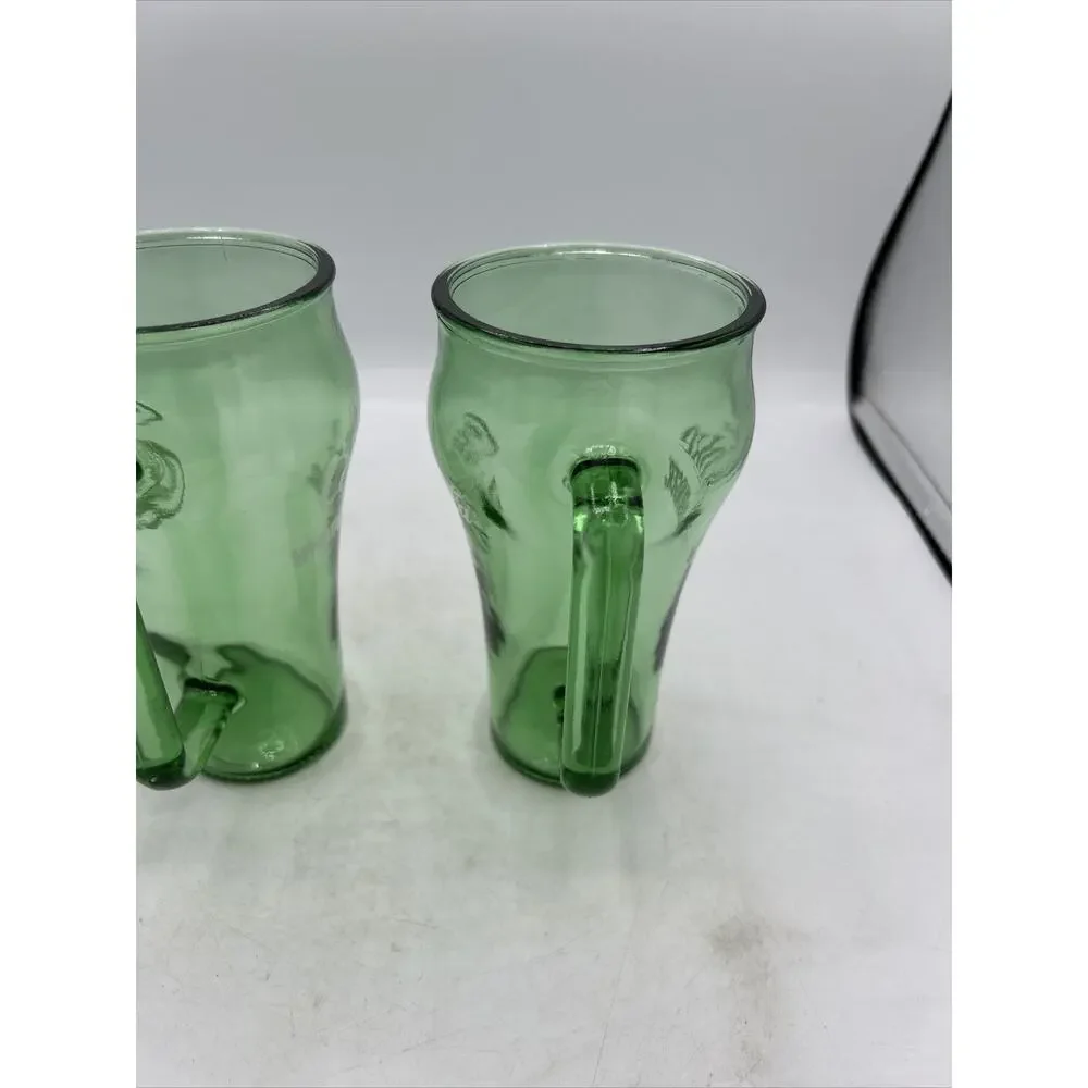 2 Vintage 1980's Coca-Cola Cowboy Whataburger Green Glass Handled Mugs